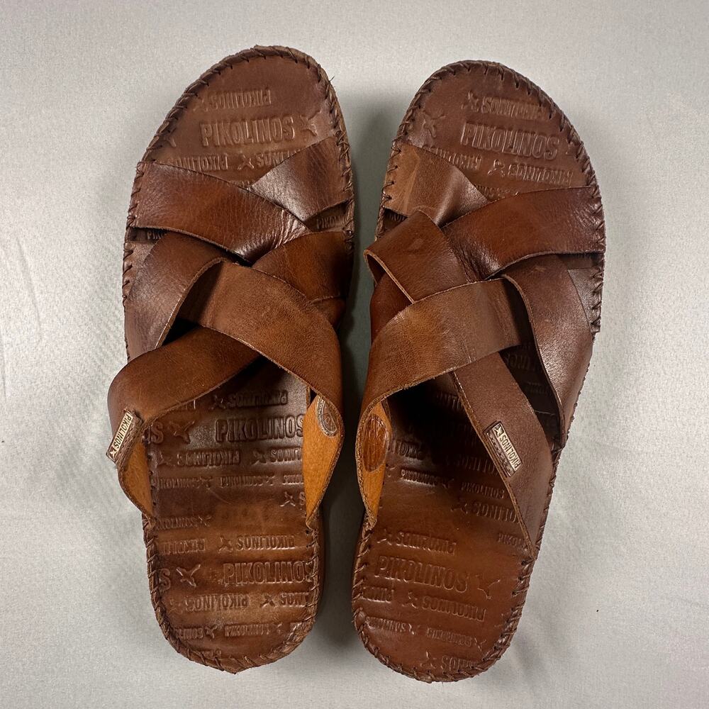 Pikolinos Mens 42 Brown Leather Cross Strap Sandals